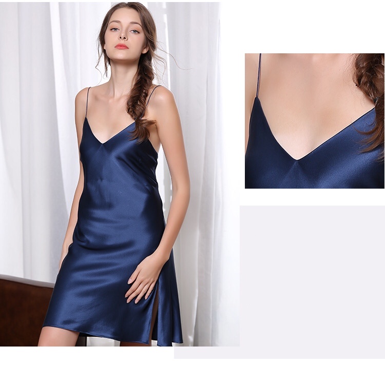 Vestido lencero de seda sin espalda por encargo del OEM en azul marino para mujer con diseño de raja